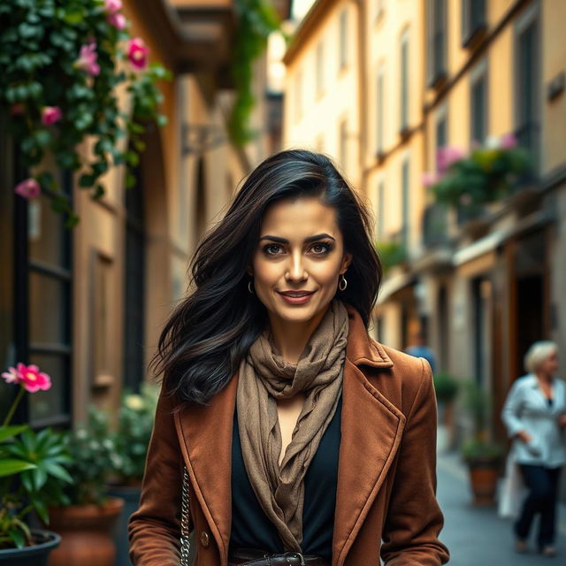 A 39-year-old woman with dark hair and striking Italian features