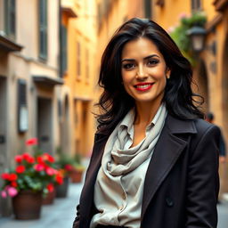 A 39-year-old woman with dark hair and striking Italian features