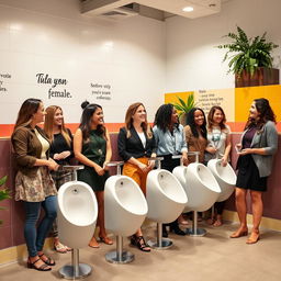 A lively and modern women's restroom featuring several women of diverse ethnicities happily using straddle-type female urinals