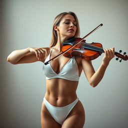 A stunning image of a woman playing the violin with deep emotion, her eyes closed as she immerses herself in the music