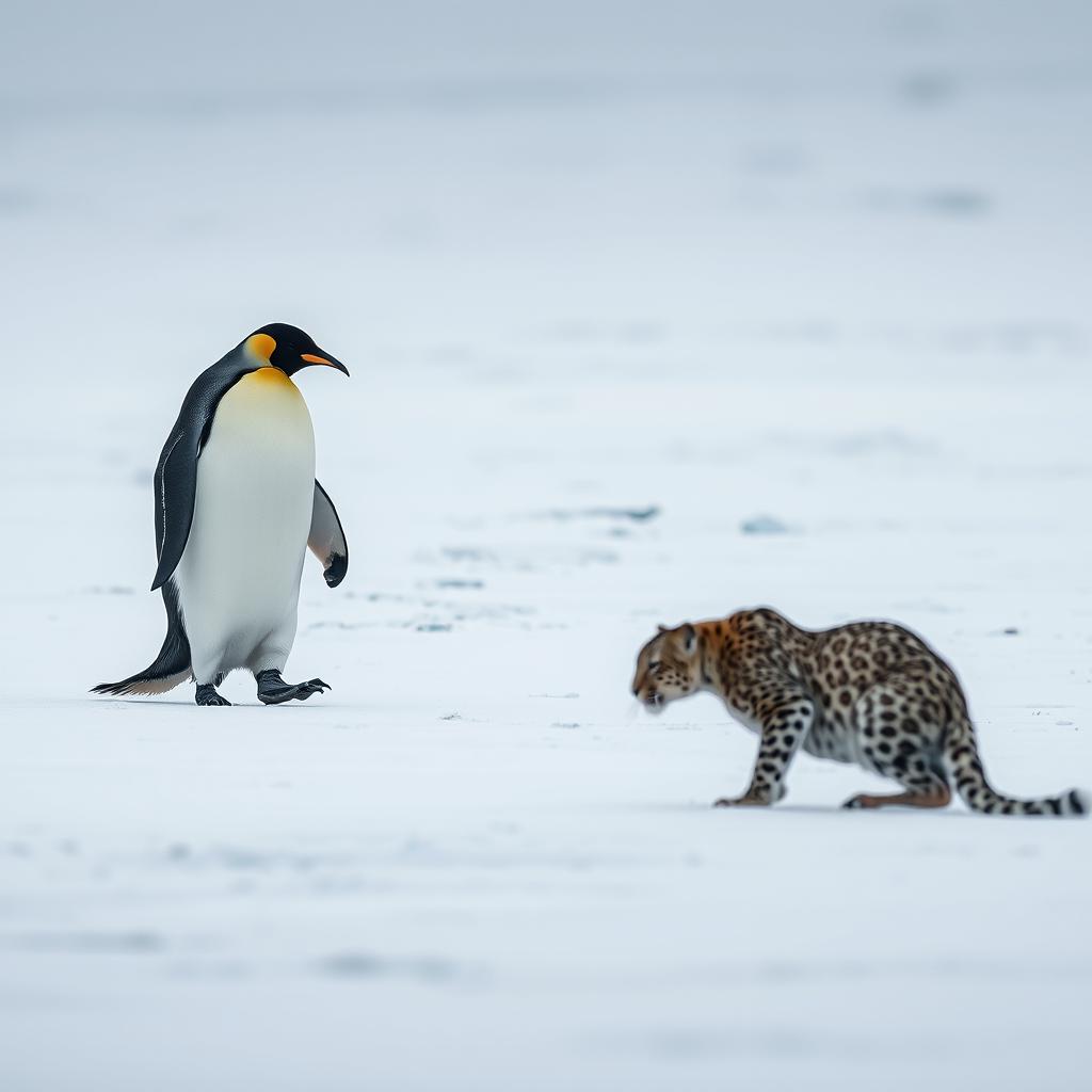 A captivating scene featuring a penguin waddling across a vast expanse of icy terrain, its black and white feathers standing out against the stark white snow