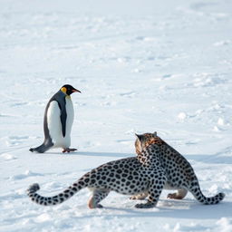 A captivating scene featuring a penguin waddling across a vast expanse of icy terrain, its black and white feathers standing out against the stark white snow