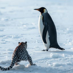 A captivating scene featuring a penguin waddling across a vast expanse of icy terrain, its black and white feathers standing out against the stark white snow