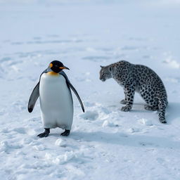 A captivating scene featuring a penguin waddling across a vast expanse of icy terrain, its black and white feathers standing out against the stark white snow