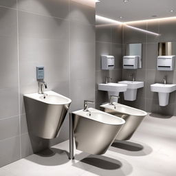 A modern, sleek bathroom featuring stylish sani-stand urinals in a public restroom setting