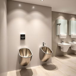 A modern, sleek bathroom featuring stylish sani-stand urinals in a public restroom setting