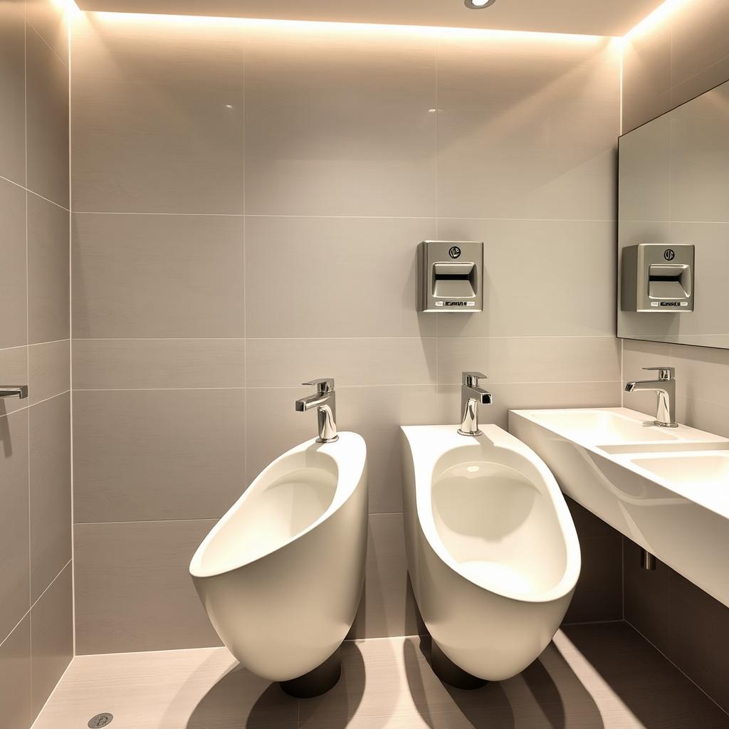 A modern, sleek bathroom featuring stylish sani-stand urinals in a public restroom setting