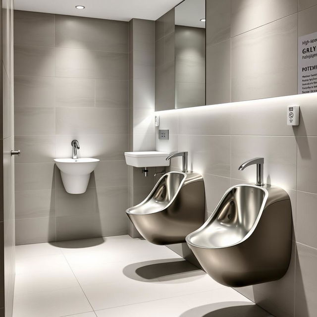 A modern, sleek bathroom featuring stylish sani-stand urinals in a public restroom setting