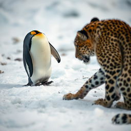 An intimate close-up scene featuring a penguin waddling across a rugged icy terrain, its vibrant black and white feathers contrasted against the stark white snow