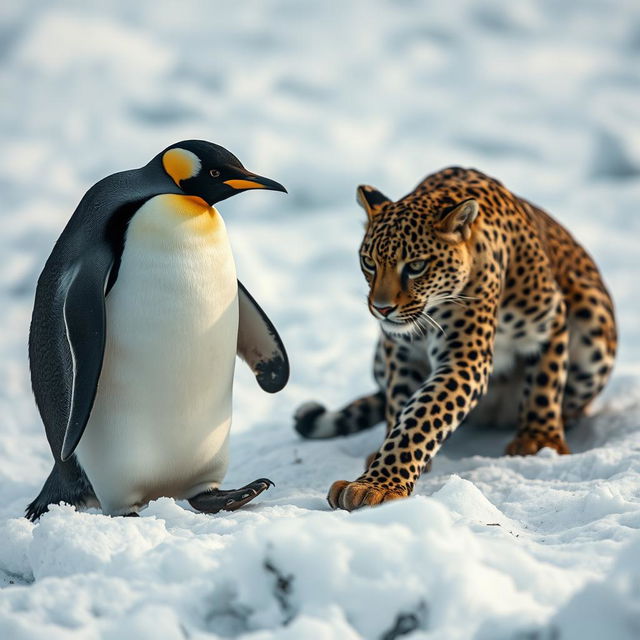 An intimate close-up scene featuring a penguin waddling across a rugged icy terrain, its vibrant black and white feathers contrasted against the stark white snow