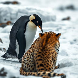 An intimate close-up scene featuring a penguin waddling across a rugged icy terrain, its vibrant black and white feathers contrasted against the stark white snow