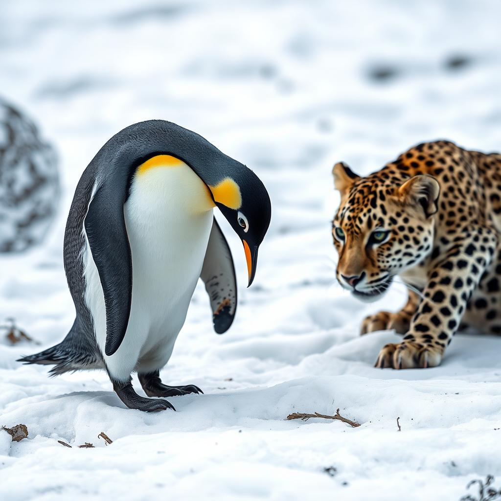 An intimate close-up scene featuring a penguin waddling across a rugged icy terrain, its vibrant black and white feathers contrasted against the stark white snow