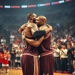 LeBron James in a warm embrace with Michael Jordan on a basketball court, surrounded by an aura of cheering spectators who are standing and applauding
