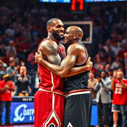 LeBron James in a warm embrace with Michael Jordan on a basketball court, surrounded by an aura of cheering spectators who are standing and applauding
