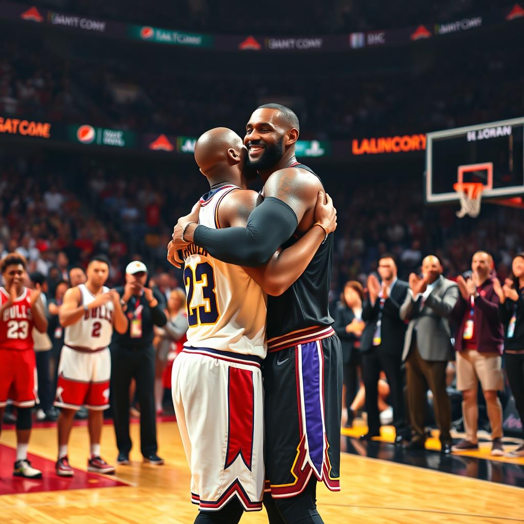 LeBron James in a warm embrace with Michael Jordan on a basketball court, surrounded by an aura of cheering spectators who are standing and applauding