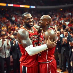 LeBron James in a warm embrace with Michael Jordan on a basketball court, surrounded by an aura of cheering spectators who are standing and applauding
