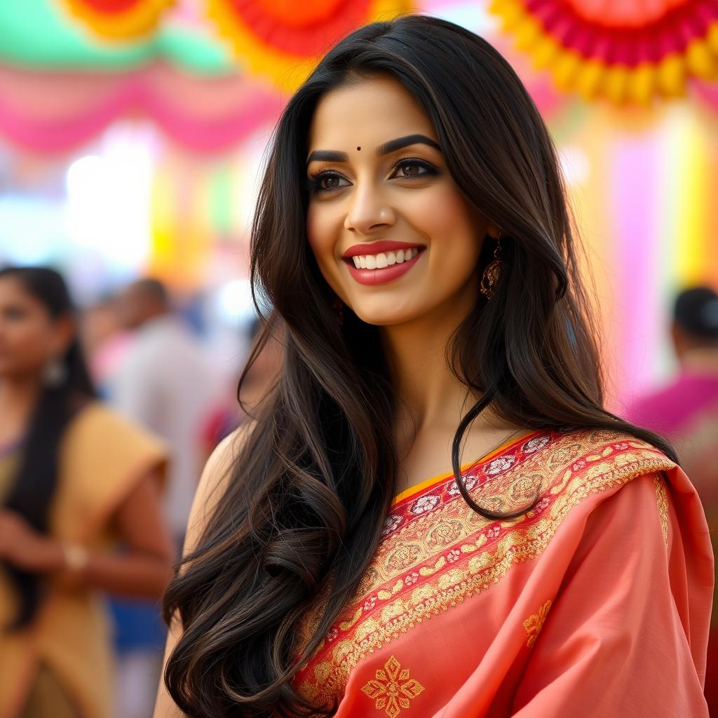 A stunning portrait of a beautiful woman resembling Bollywood actress Aishwarya Rai, featuring her signature long dark hair cascading over her shoulders, wearing a traditional Indian saree with intricate gold embroidery