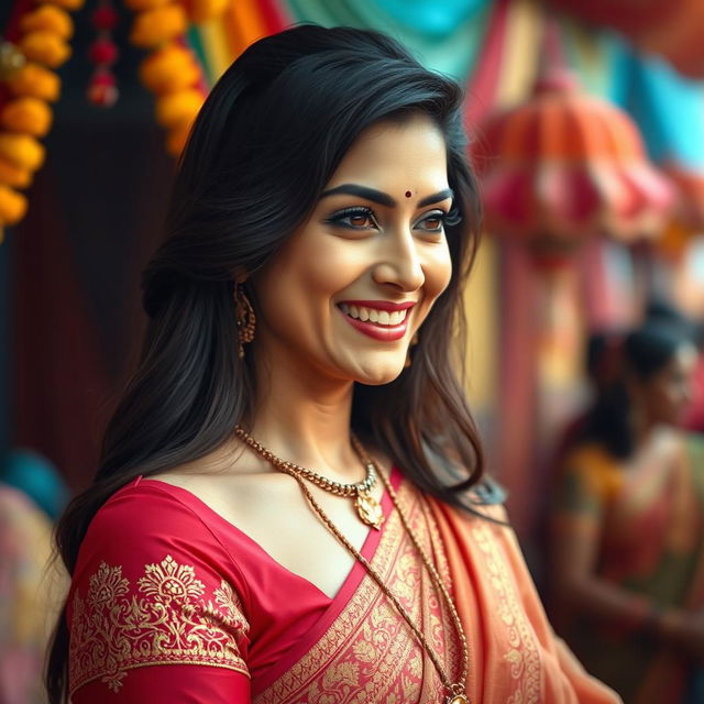 A stunning portrait of a beautiful woman resembling Bollywood actress Aishwarya Rai, featuring her signature long dark hair cascading over her shoulders, wearing a traditional Indian saree with intricate gold embroidery