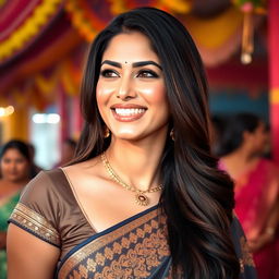 A stunning portrait of a beautiful woman resembling Bollywood actress Aishwarya Rai, featuring her signature long dark hair cascading over her shoulders, wearing a traditional Indian saree with intricate gold embroidery