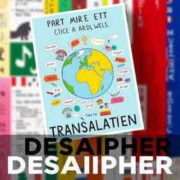 A visually striking and informative poster about the art of translation, featuring vibrant illustrations of a globe, diverse languages represented by text bubbles, and symbols of communication like speech bubbles and quill pens