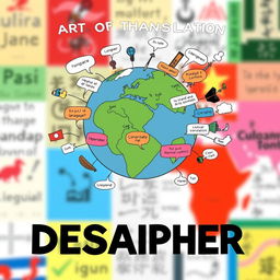 A visually striking and informative poster about the art of translation, featuring vibrant illustrations of a globe, diverse languages represented by text bubbles, and symbols of communication like speech bubbles and quill pens