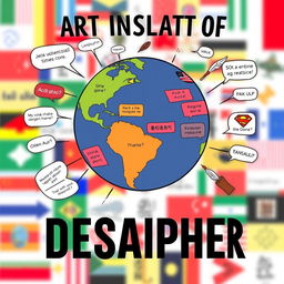 A visually striking and informative poster about the art of translation, featuring vibrant illustrations of a globe, diverse languages represented by text bubbles, and symbols of communication like speech bubbles and quill pens