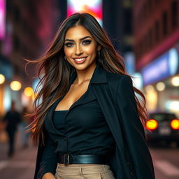 A stunningly attractive woman in a fashionable outfit, exuding confidence and allure