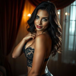 A sultry and alluring portrait of a beautiful woman with dark, flowing hair and captivating green eyes, striking a confident pose in a luxurious, dimly-lit boudoir
