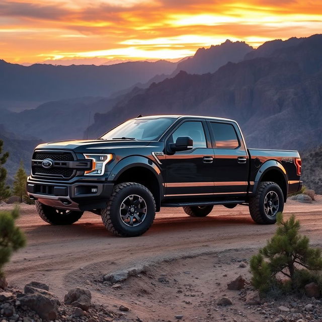 A powerful and rugged pickup truck parked on a rugged dirt road surrounded by a breathtaking mountainous landscape during sunset