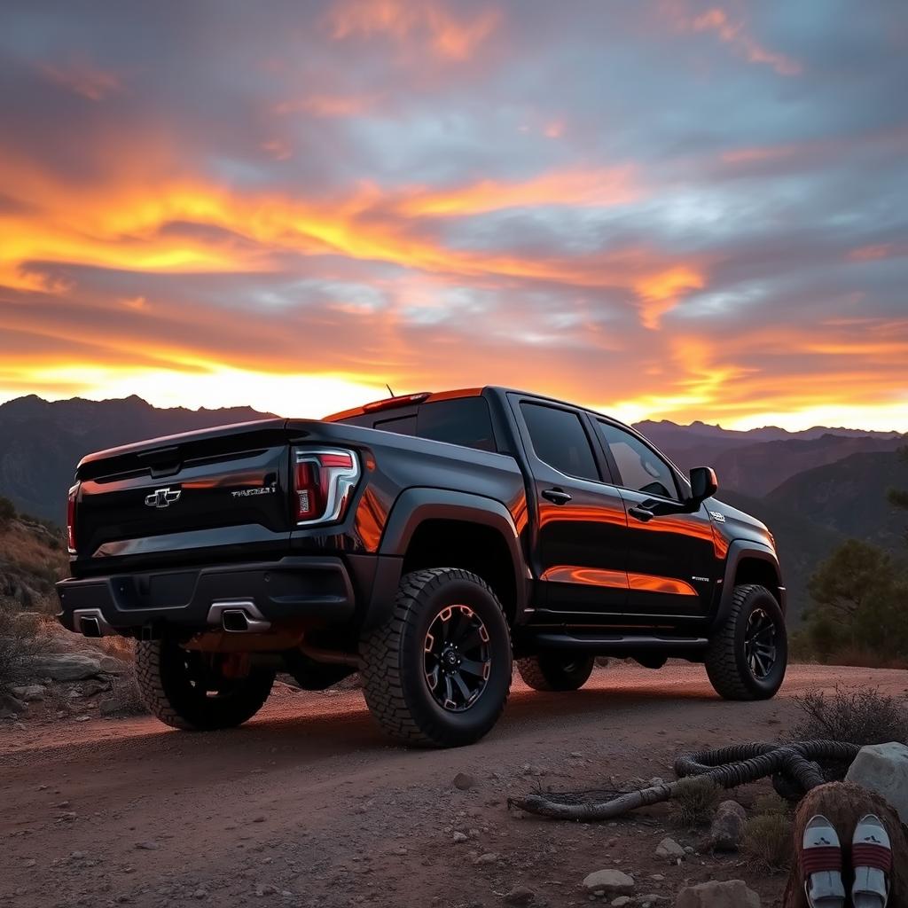 A powerful and rugged pickup truck parked on a rugged dirt road surrounded by a breathtaking mountainous landscape during sunset