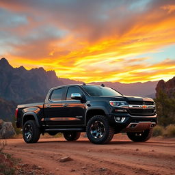 A powerful and rugged pickup truck parked on a rugged dirt road surrounded by a breathtaking mountainous landscape during sunset