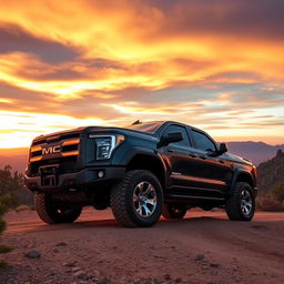 A powerful and rugged pickup truck parked on a rugged dirt road surrounded by a breathtaking mountainous landscape during sunset
