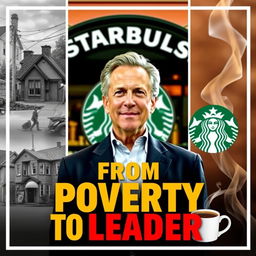 A vibrant and eye-catching thumbnail featuring Howard Schultz at the center, surrounded by a Starbucks café backdrop