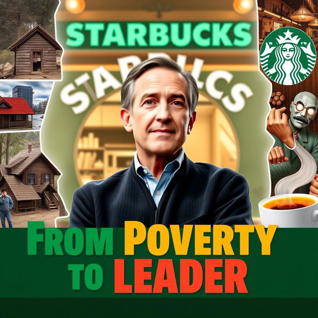 A vibrant and eye-catching thumbnail featuring Howard Schultz at the center, surrounded by a Starbucks café backdrop