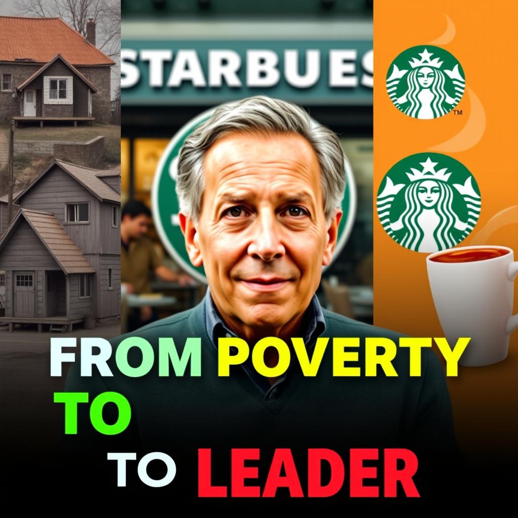 A vibrant and eye-catching thumbnail featuring Howard Schultz at the center, surrounded by a Starbucks café backdrop