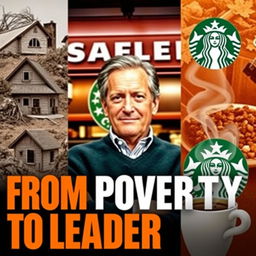 A vibrant and eye-catching thumbnail featuring Howard Schultz at the center, surrounded by a Starbucks café backdrop