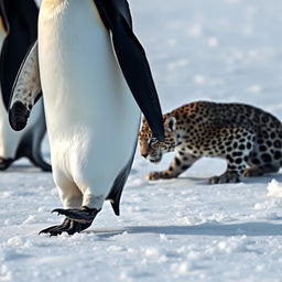 A penguin waddling across a pristine icy terrain, with its gaze intensely focused on a leopard that is crouching in the snow, poised for an attack