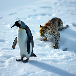 A penguin waddling across a pristine icy terrain, with its gaze intensely focused on a leopard that is crouching in the snow, poised for an attack