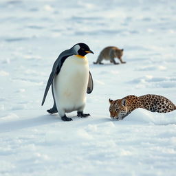 A penguin waddling across a pristine icy terrain, with its gaze intensely focused on a leopard that is crouching in the snow, poised for an attack