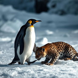 A penguin waddling across a pristine icy terrain, with its gaze intensely focused on a leopard that is crouching in the snow, poised for an attack