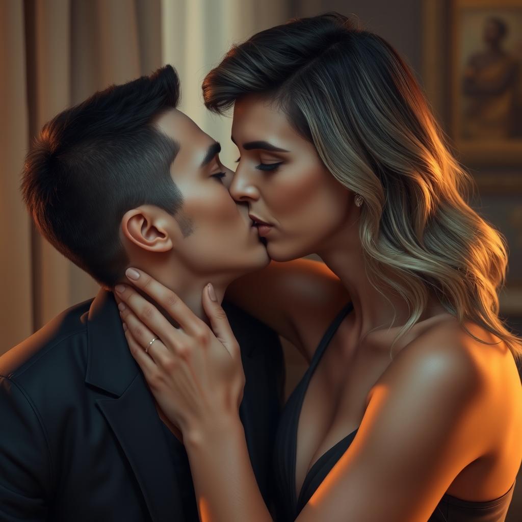 A realistic scene depicting a young man gently kissing or sucking the lips of a mature woman, both sharing an intimate moment