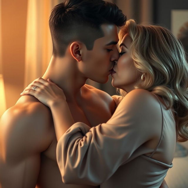 A realistic scene depicting a young man gently kissing or sucking the lips of a mature woman, both sharing an intimate moment