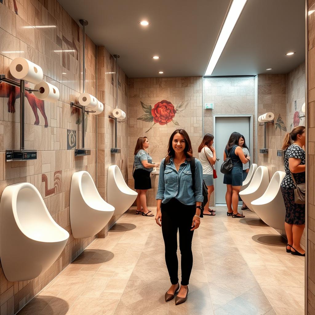 A modern, busy women's restroom featuring narrow, straddle-type urinals designed specifically for women