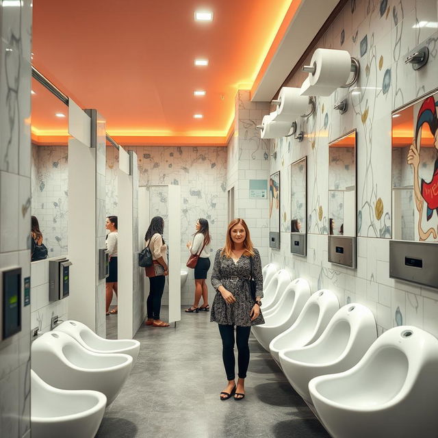 A modern, busy women's restroom featuring narrow, straddle-type urinals designed specifically for women