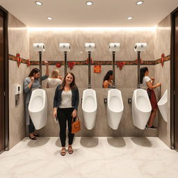 A modern, busy women's restroom featuring narrow, straddle-type urinals designed specifically for women