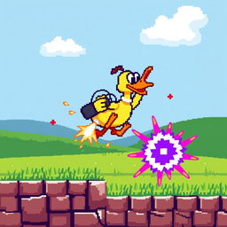A retro video game scene inspired by Duck Hunt, featuring a pixelated 8-bit style graphic