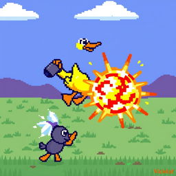 A retro video game scene inspired by Duck Hunt, featuring a pixelated 8-bit style graphic