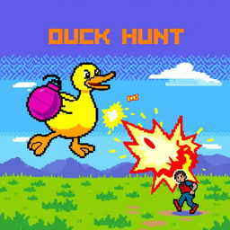 A retro video game scene inspired by Duck Hunt, featuring a pixelated 8-bit style graphic