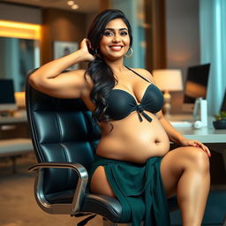 A woman resembling Shruti Haasan, sitting confidently on an office chair, wearing a trendy bikini that highlights her big breasts and features a noticeable big belly