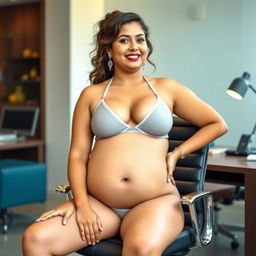 A woman resembling Shruti Haasan, sitting confidently on an office chair, wearing a trendy bikini that highlights her big breasts and features a noticeable big belly